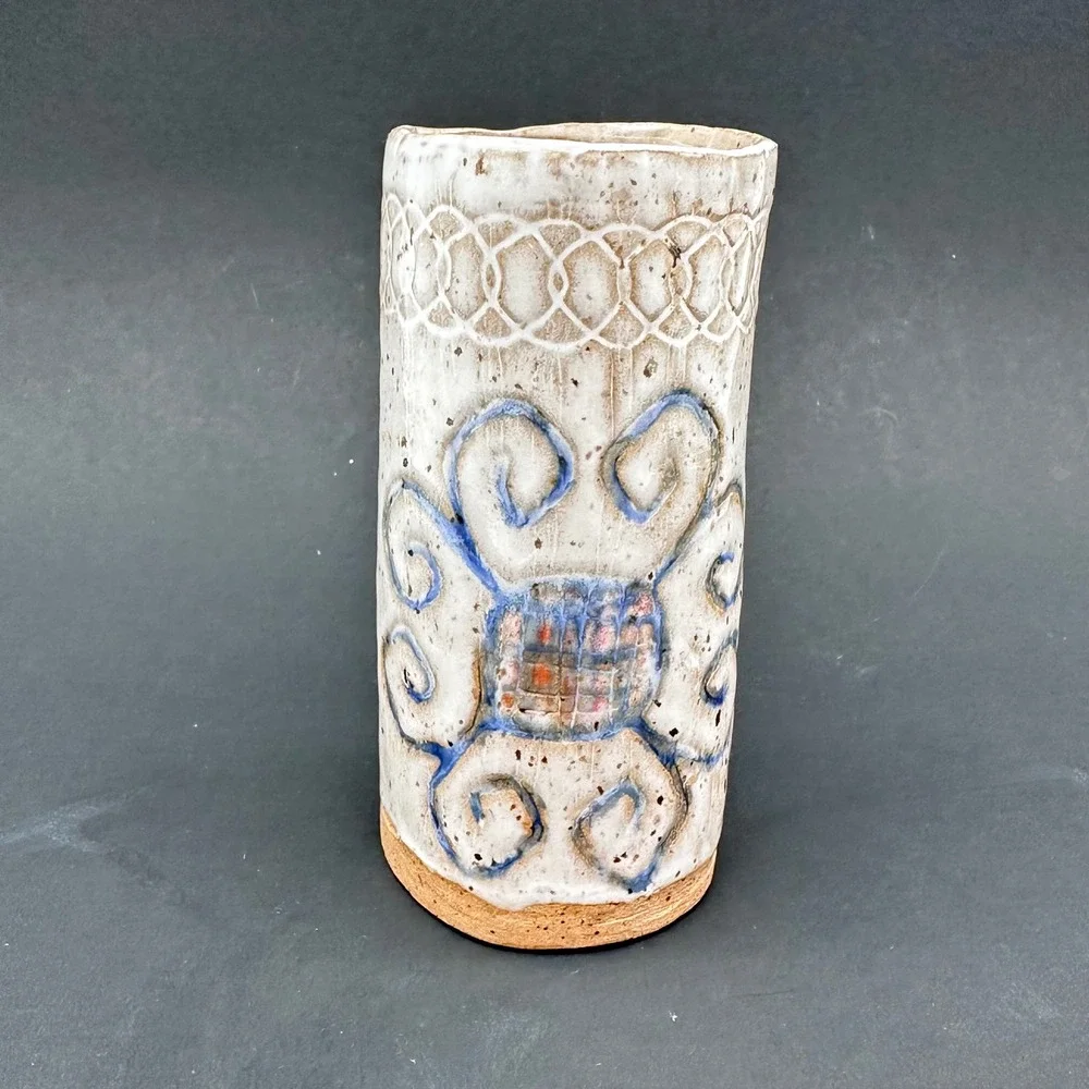Studio Art Pottery Vase 5.5in Cream Blue Rustic Hand Thrown Stoneware